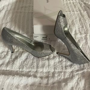 Style and Co silver glitter and rhinestone peep toe pumps